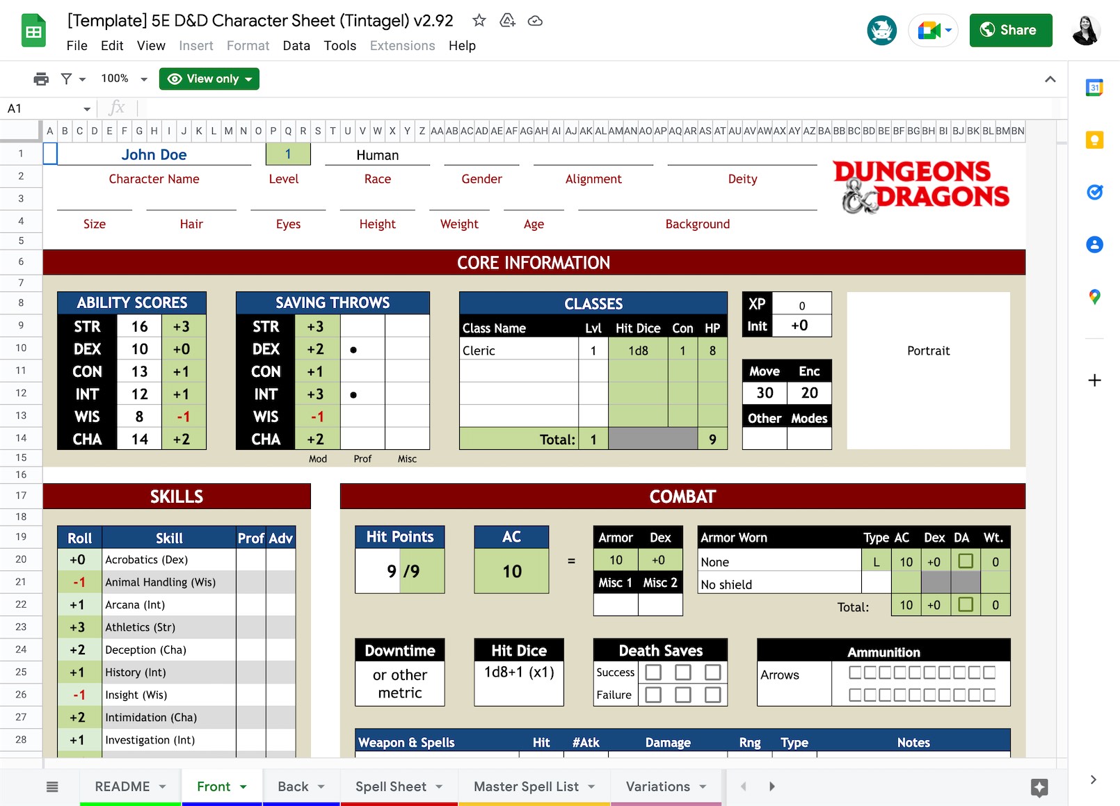 A D&D character sheet built in Google Sheets