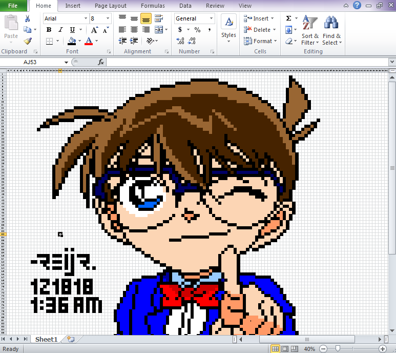 The manga character Conan Edogawa created in Microsoft Excel
